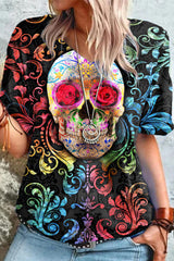 Colorful Floral Skull Print Short Sleeve T-Shirt