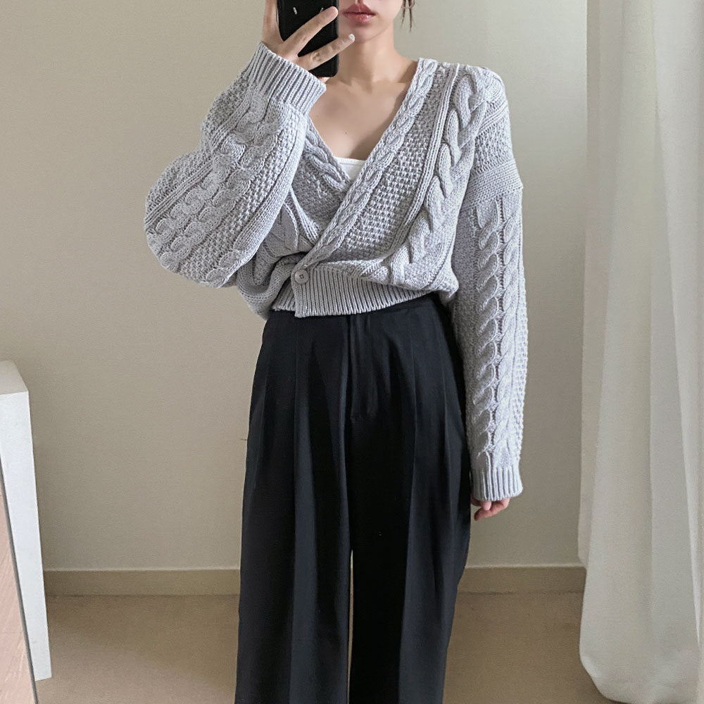 V-Neck Sweater Cropped Linen Pattern Knit Sweater