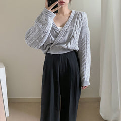 V-Neck Sweater Cropped Linen Pattern Knit Sweater