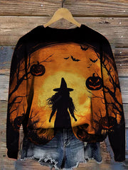 Halloween Horror Forest Witch Pumpkin Print Sweatshirt