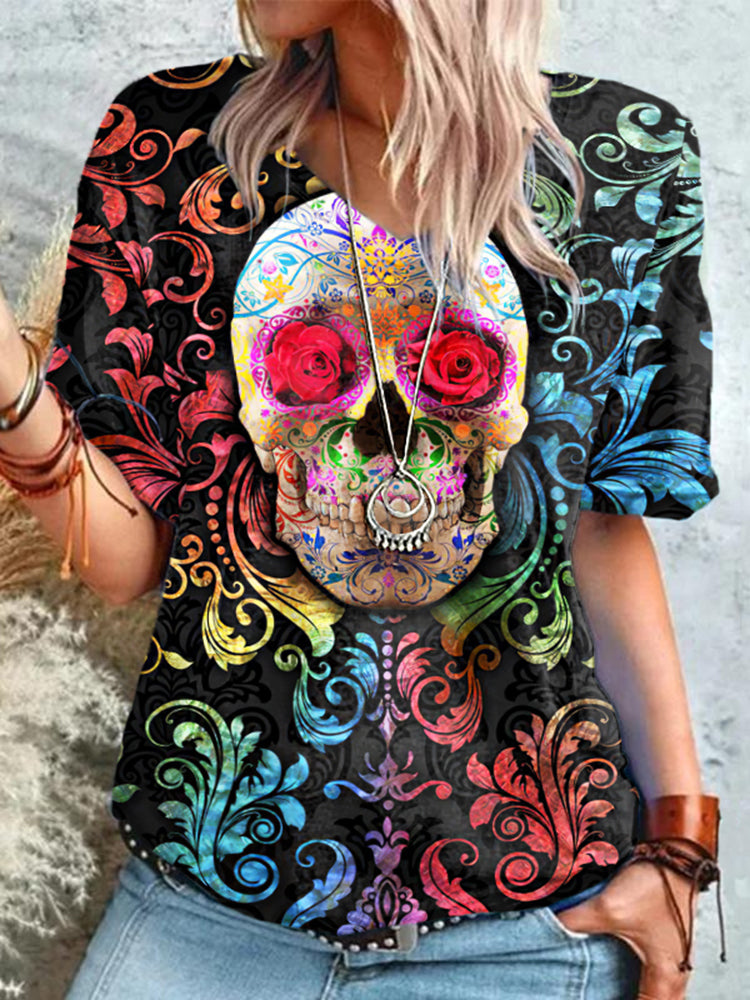 Colorful Floral Skull Print Short Sleeve T-Shirt