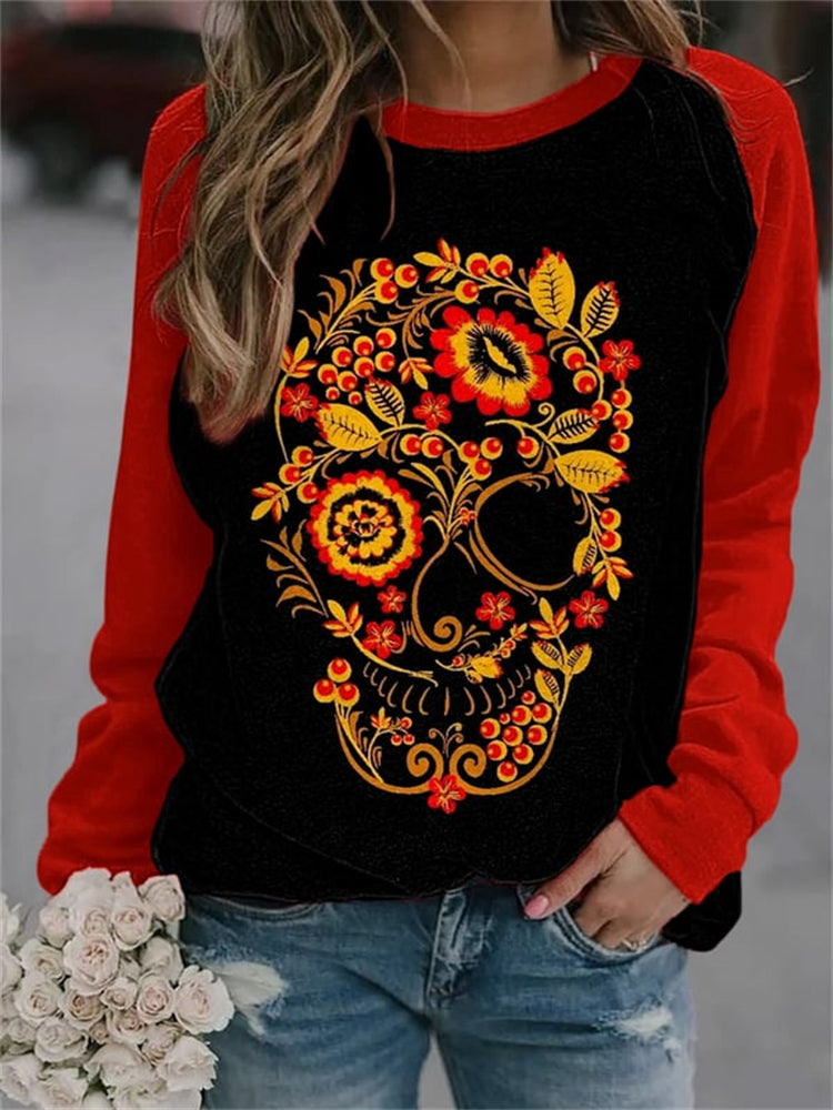 Floral Skull Contrast Color Sweatshirt