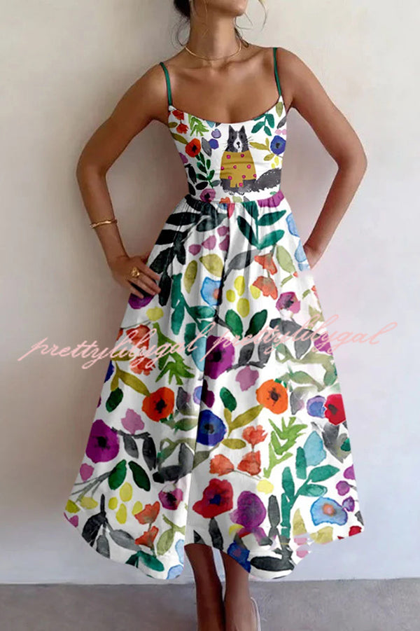 Colorful Unique Printed Sexy Suspender Slim Midi Dress