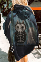 Skull Cat Ghost Print Hoodie