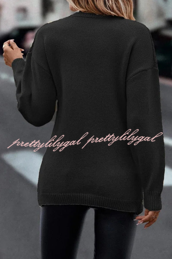 Solid Color V Neck Cross Jacquard Long Sleeved Sweater