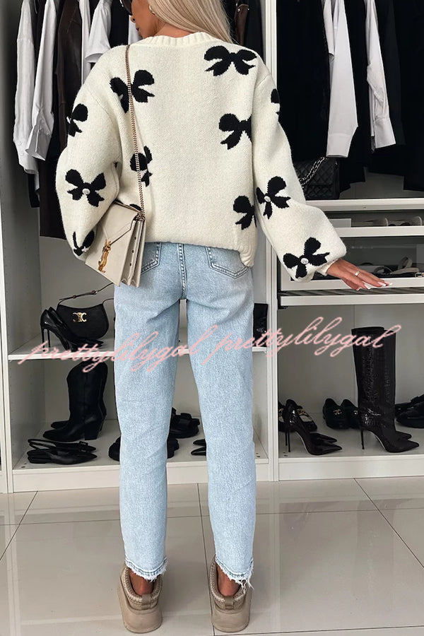 Vernie Knit Jewelry Pendant Bow Pattern Front Tie-up Long Sleeve Loose Cardigan