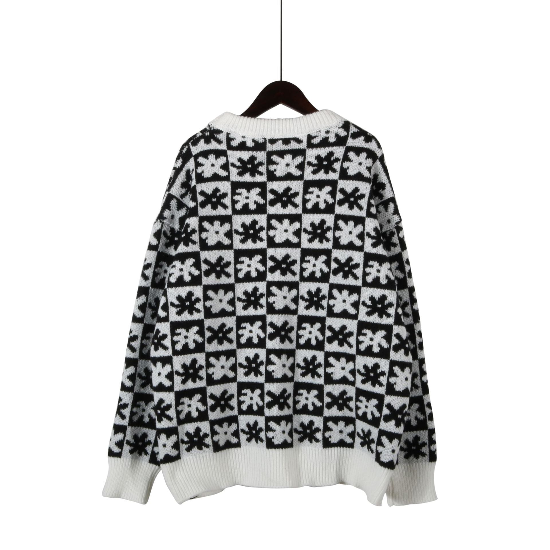 Casual Floral Plaid Round Collar Long Sleeve Loose Knit Sweater