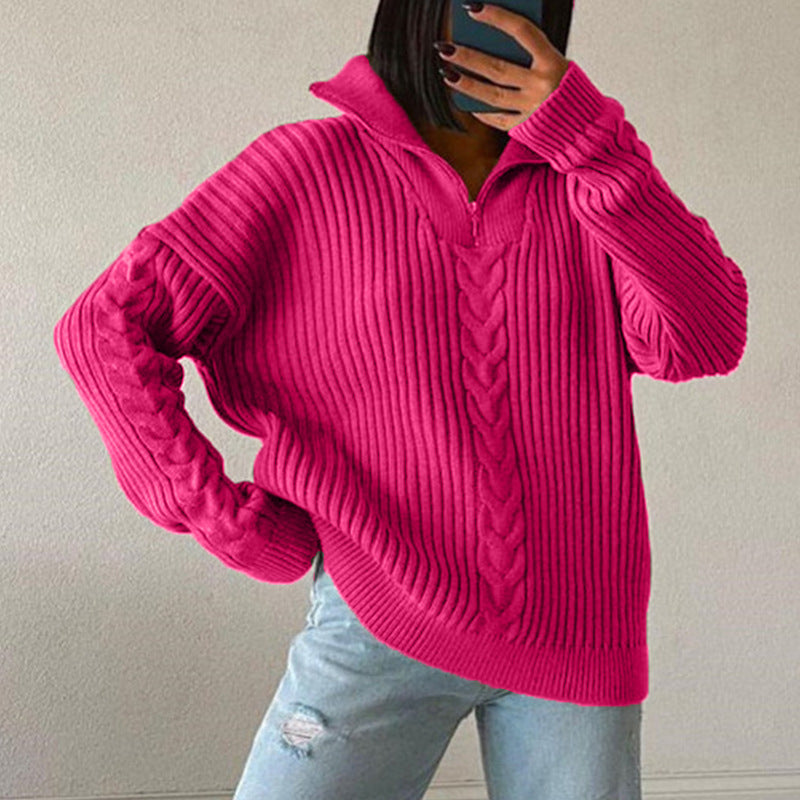 Polo Neck Twist Sweater Loose Casual Zipper Sweater