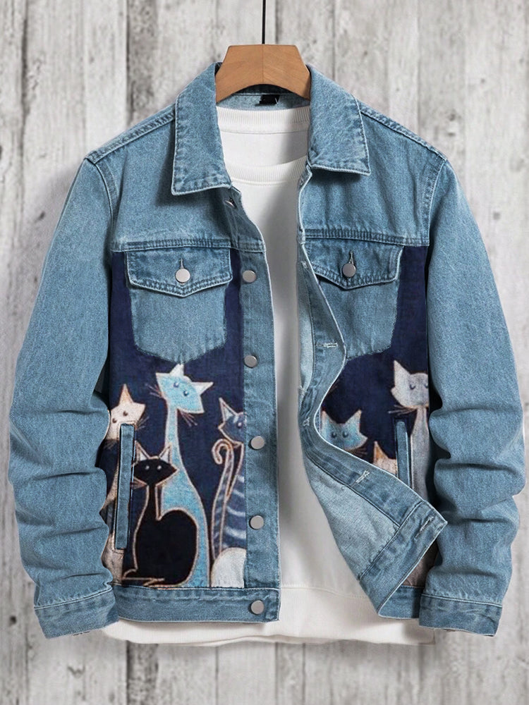 Colorful Cats Patchwork Art Denim Jacket