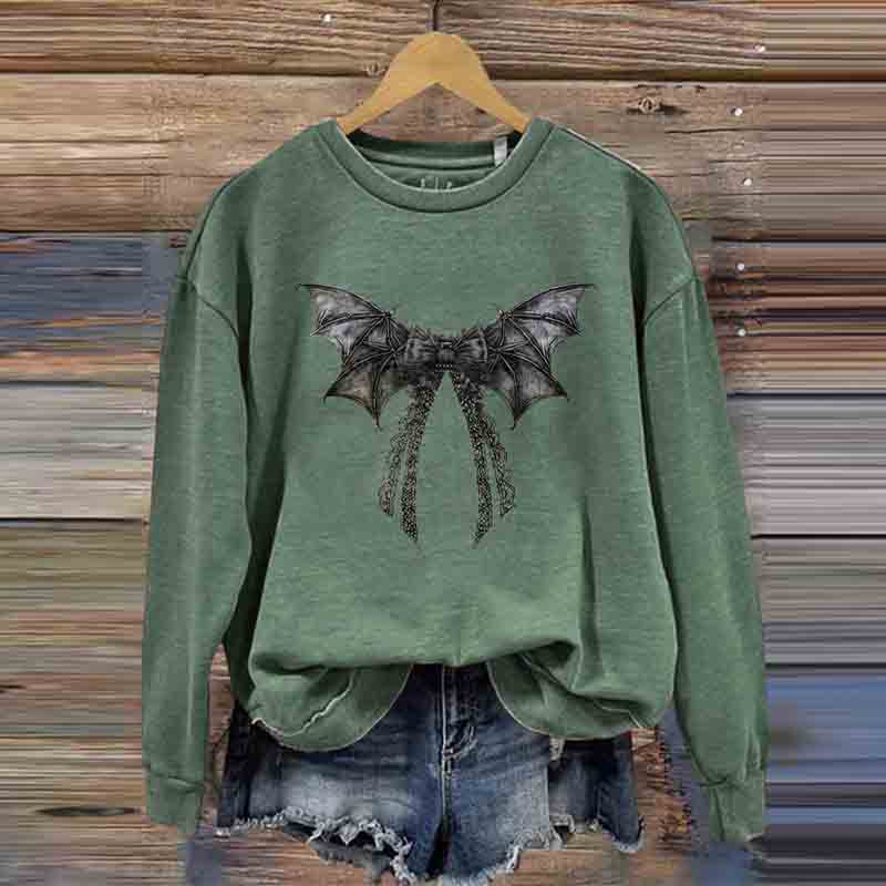 Halloween Bat Bow Print Round Neck Casual Sweatshirt