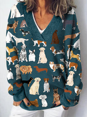 Dog Art Print V-Neck Cozy Knit Sweater