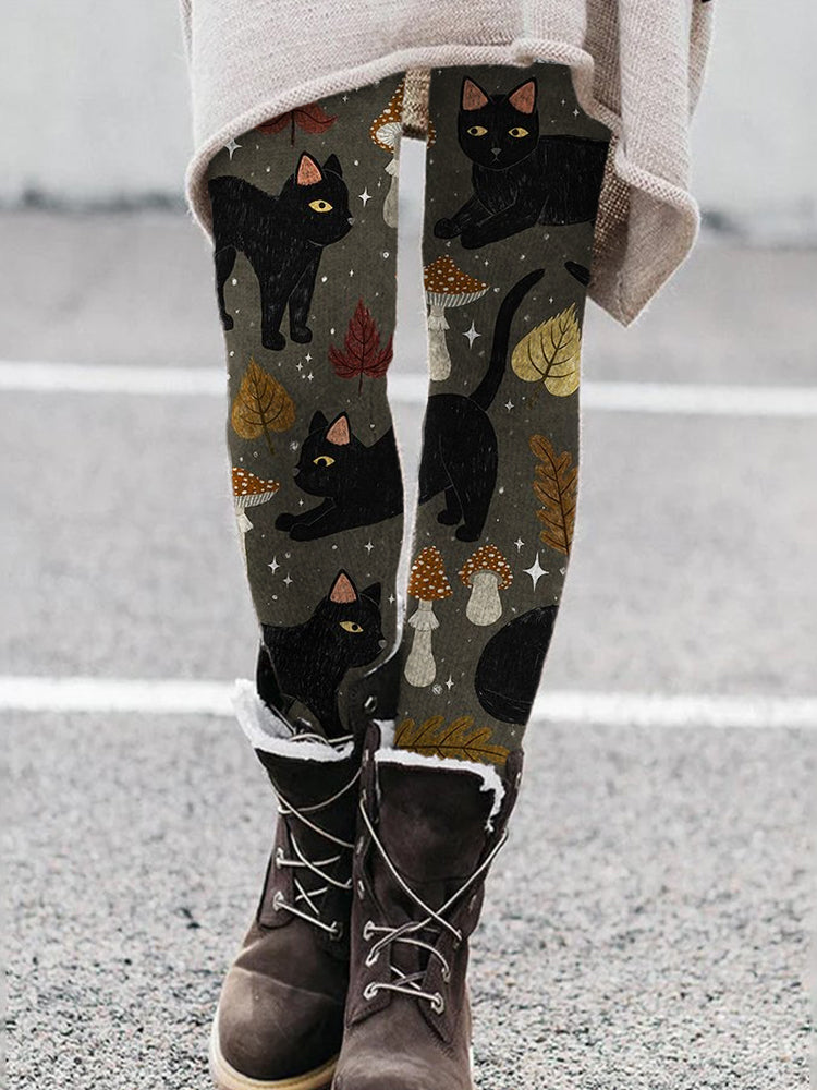 Mystical Black Cats & Mushroom Fall Inspired Leggings