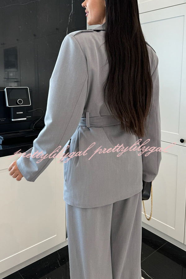 Business Needs Button Up Flap Pocket Belted Lapel Loose Jacket
