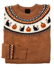 Retro Fall Black Cat Pumpkin Halloween Printed Women's Sweater
