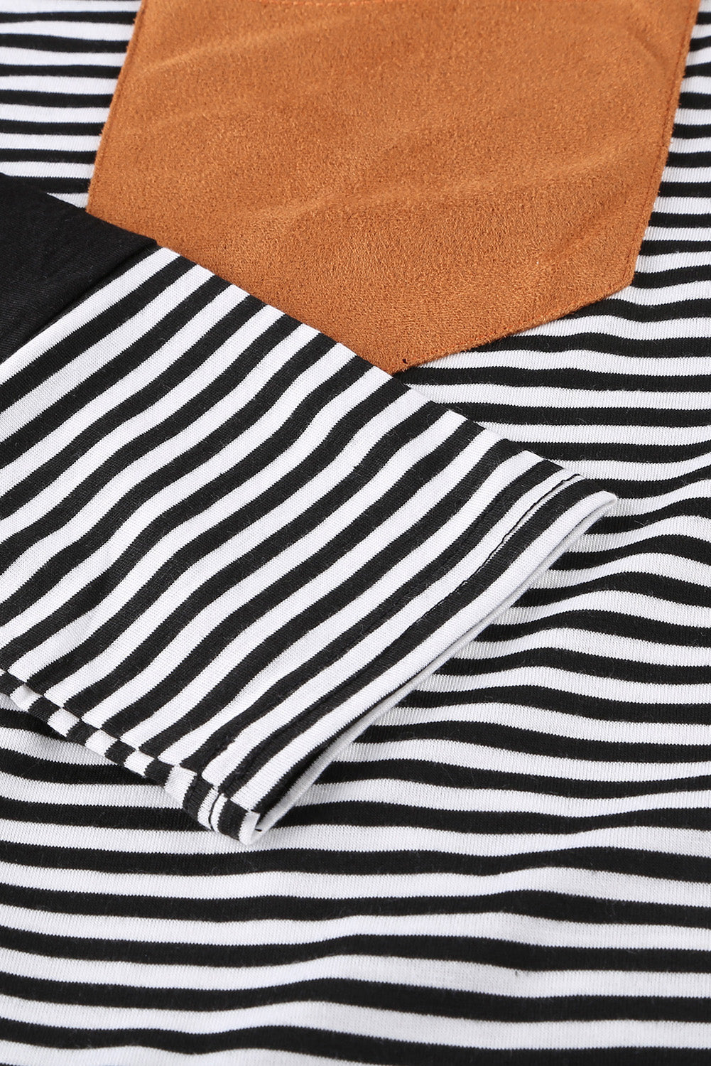 Women's Casual Black Striped Pinstripe Patch Pocket Long Sleeve Top