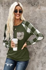 Women's Green Plaid Splicing Sequined Pocket Long Sleeve Top