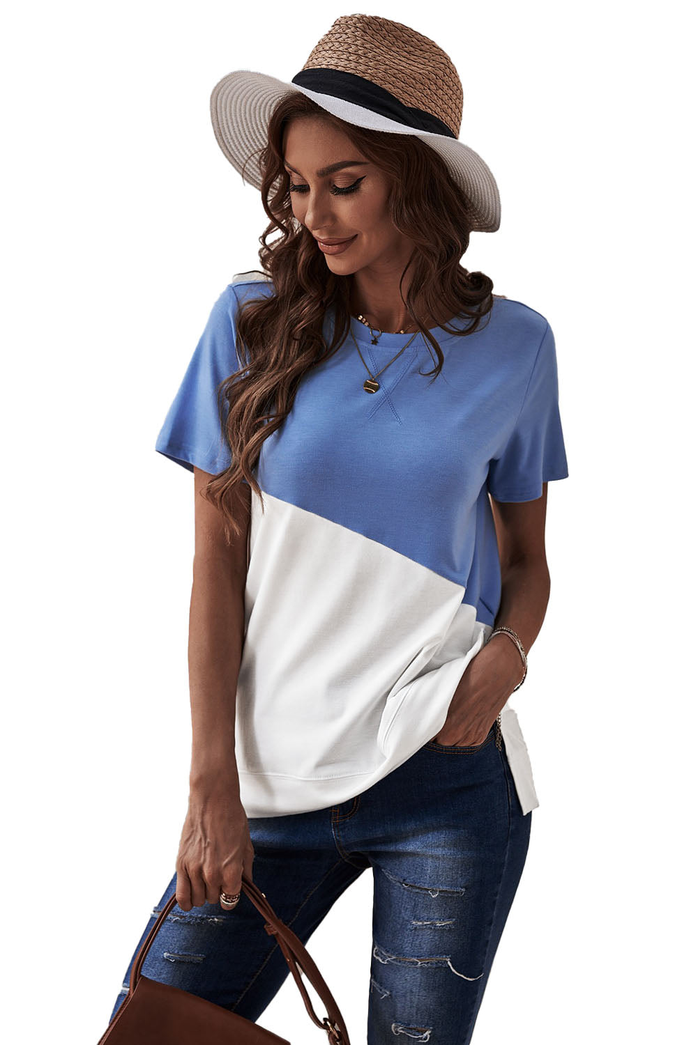 Women's Crew Neck Blue White Colorblock Short Sleeve Tee