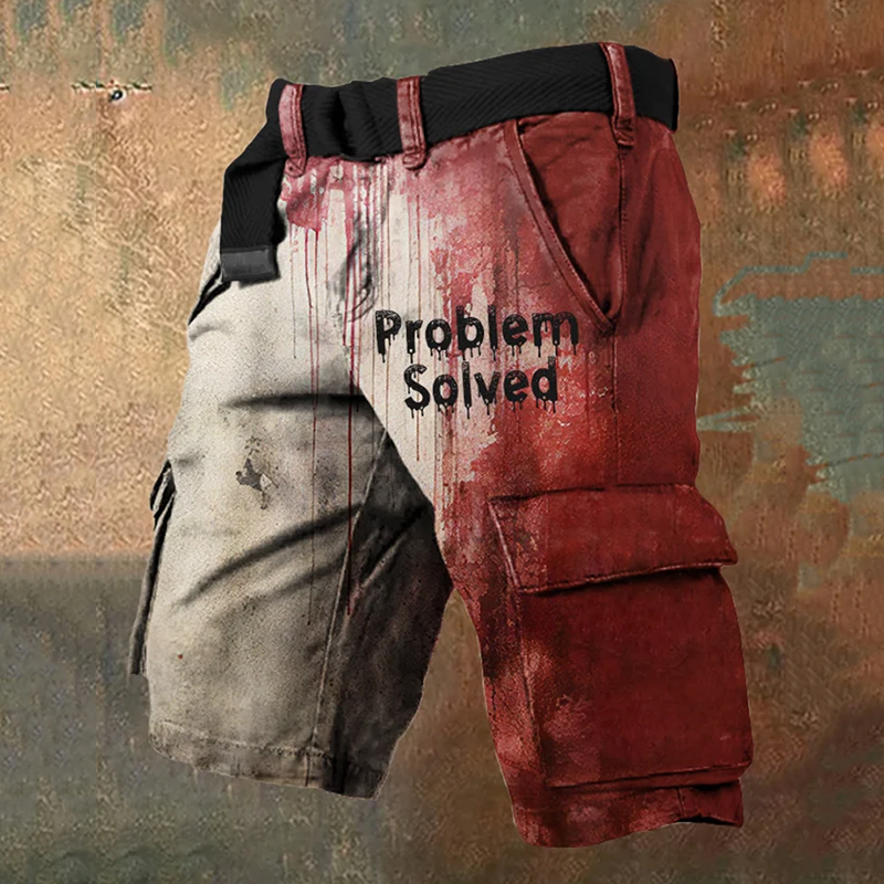 Men's Bloody Problem Solved Halloween Print Cargo Shorts (Belt Not Included)