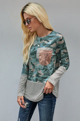 Women's Green Camo Stripe Pocket Sequins Splicing O-neck Long Sleeve Top