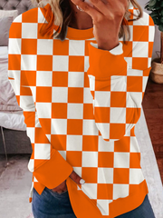 Orange Checkerboard Plaid Round Neck Shift Casual Sweatshirts