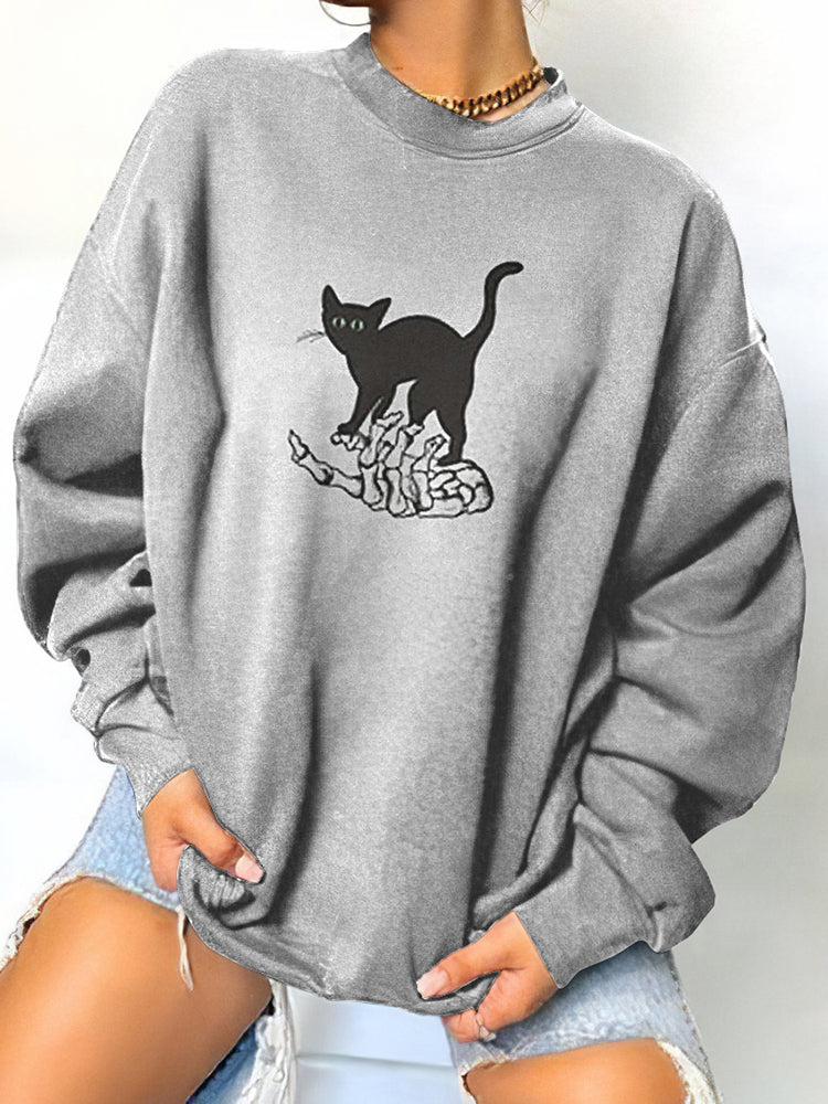 Halloween Skull Cat Print Sweatshirt