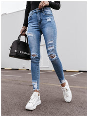 Women's Washed stretch ripped slim fit denim trousers
