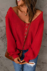 Women's Red Button Front Distressed Knit Top