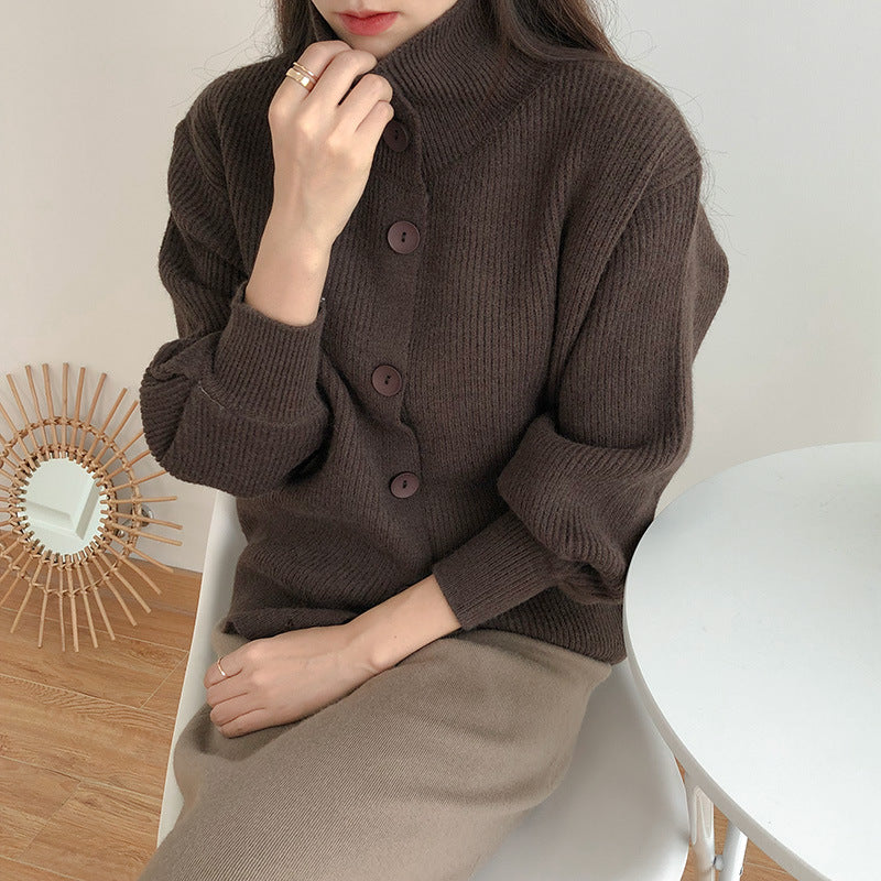 High-Necked Thick Loose Western-Style Knitted Cardigan