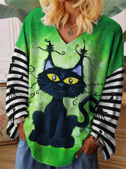 Halloween Black Cat Striped Oversize T Shirt