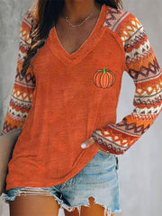 Women's Fall Retro Geometric Pumpkin V Neck Top