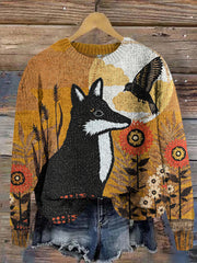 Women's Fox Bird Print Crew Neck Sweater