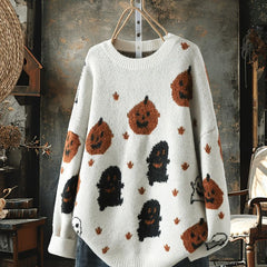 Pumpkin Ghost Halloween Print Knitted Pullover Sweater