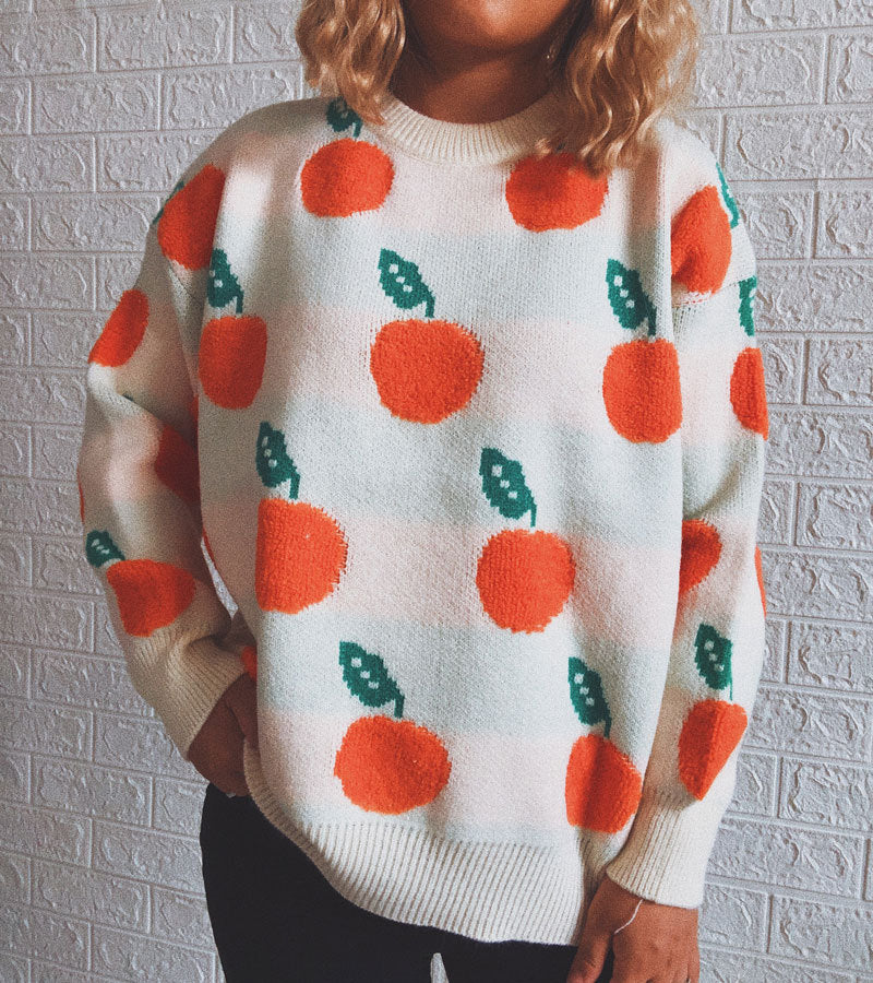 Orange Jacquard Casual Round Neck Sweater