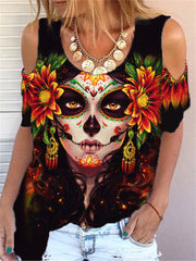 Day Of The Dead Queen Skull Hollow Shoulder T Shirt