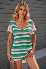 Women's Cute Green Striped Ruffle Short Sleeve Knit Top