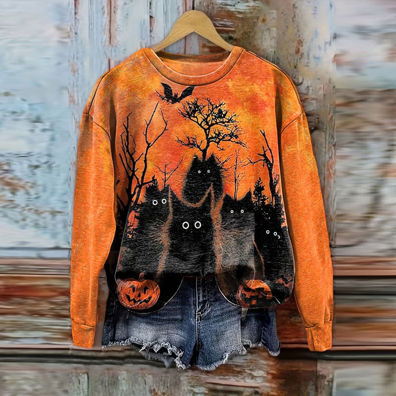Halloween Black Cat Print Casual Sweatshirt
