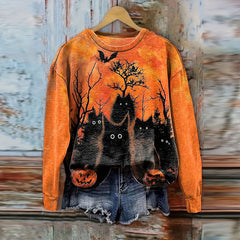Halloween Black Cat Print Casual Sweatshirt
