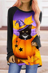 Round Neck Witch Cat Pumpkin Tunic