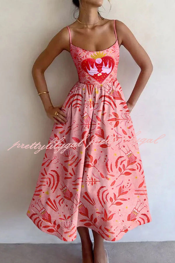 Colorful Unique Printed Sexy Suspender Slim Midi Dress