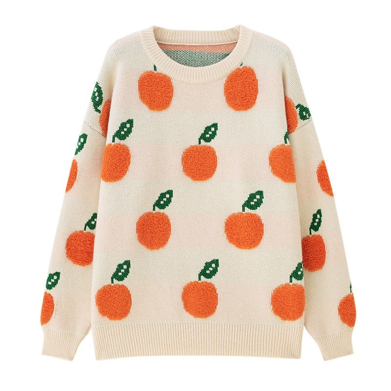 Orange Jacquard Casual Round Neck Sweater