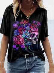Gradient Floral Skull Print Short Sleeve T-Shirt