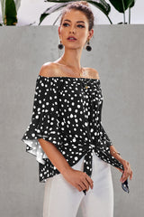 Women's Black Polka Dot 3/4 Bell Sleeve Front Tie Knot Off Shoulder Top