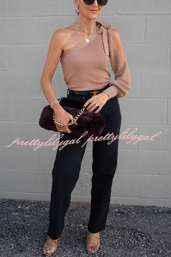 Cute and Unique Knit One Shoulder Tie-up Cutout Loose Sweater