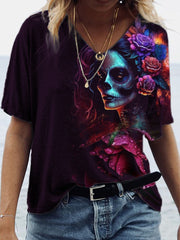 Day of the Dead Floral Art V Neck T Shirt