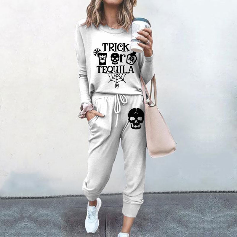 Trick Skull Print T-Shirt Two Piece Set