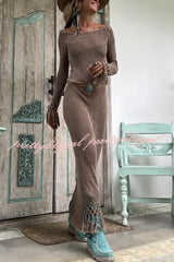 Bailey Knit Long Sleeve Pattern Hollow Out Tassel Trim Maxi Dress