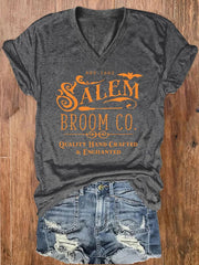 Women's Salem Broom Co Halloween Print V Neck T Shirt