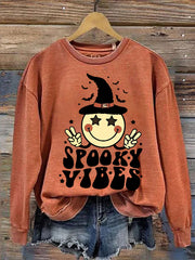 Spooky Atmosphere Halloween Smiley Witch Hat Print Sweatshirt