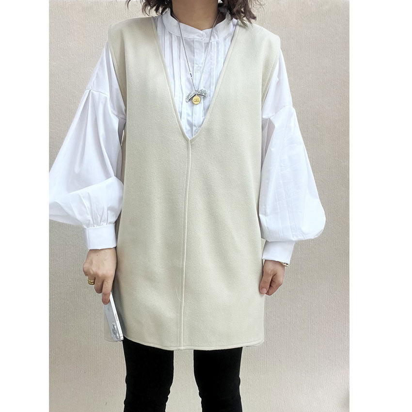 V-neck mid-length vest woolen vest