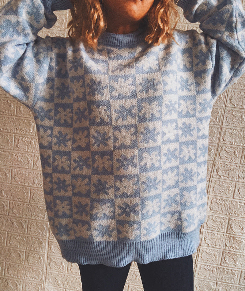 Casual Floral Plaid Round Collar Long Sleeve Loose Knit Sweater